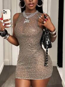 BamGleam Sexy Casual Minimalist Sleeveless Bodycon Mini Dress,Summer Simple Round Neck Letter Print Sheer Mesh Fitted Tank Dress For Women Club Party Streetwear Beach Outfits - Apricot - View 7