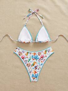 SHEIN Swim Curve New Plus Size Women Floral Print Halter Neck Top And Bottom 2 Pieces Swimsuit Set, Slimming Lift-Up, Vacation & Casual For Summer - Multicolor - View 2