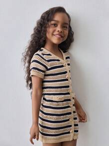 Ontre Young Girl Fashionable Minimalist Versatile Ribbed Striped Short Sleeve Fit & Flare Round Neck Front Button Knit Dress, Suitable For Outdoor, Home, Back To School, Spring/Summer - Black and White - View 3