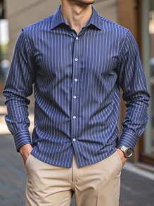 Calvornis 男士翻领条纹长袖衬衫，成熟休闲上衣，男士礼物，商务休闲漂亮衬衫，秋季 - 寶藍色 - 查看 4