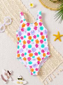 SHEIN Traje de baño con estampado floral y cuello halter para niñas, dulce y casual para primavera/verano