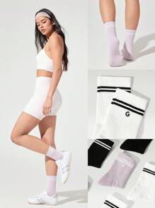 GLOWMODE 3 双棉质复古条纹袜柔软透气网眼提花标志健身房日常锻炼袜 - 彩色 - 查看 6