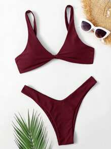 Swim Chiccia Women's Summer Beach Solid Color Twist Front Sexy Bikini Set