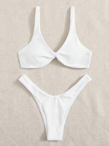Swim Basics Summer Beach Twist Detail High Cut Bikini Set
