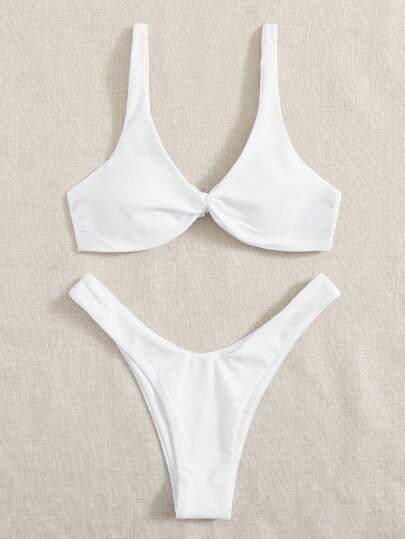 Swim Basics Summer Beach Twist Detail High Cut Bikini Set