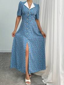 Modelyn Vestido elegante con manga corta de mujer con estampado floral tejido, panel de tela de contraste, botones delanteros y cintura ceñida