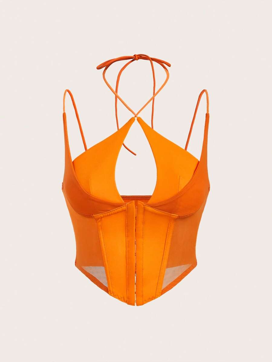 Sweetina White Corset Hook And Eye Front Mesh Insert Cami Top - Coral Orange - View 1
