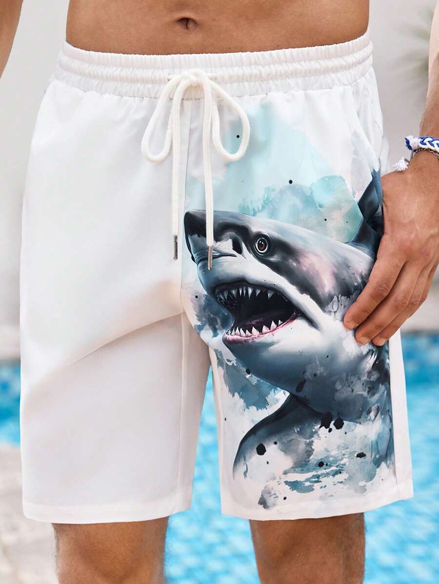 Manfinity VCAY Men's Casual Shark Print Fitted Woven Shorts, Suitable For Summer - White - View 1