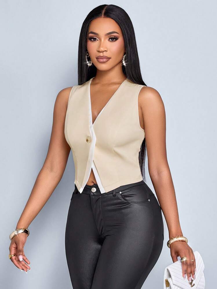 SOLERSUN Women's Commuting Apricot White Contrast Two Tone Button Front Vest Blazer - Apricot - View 4