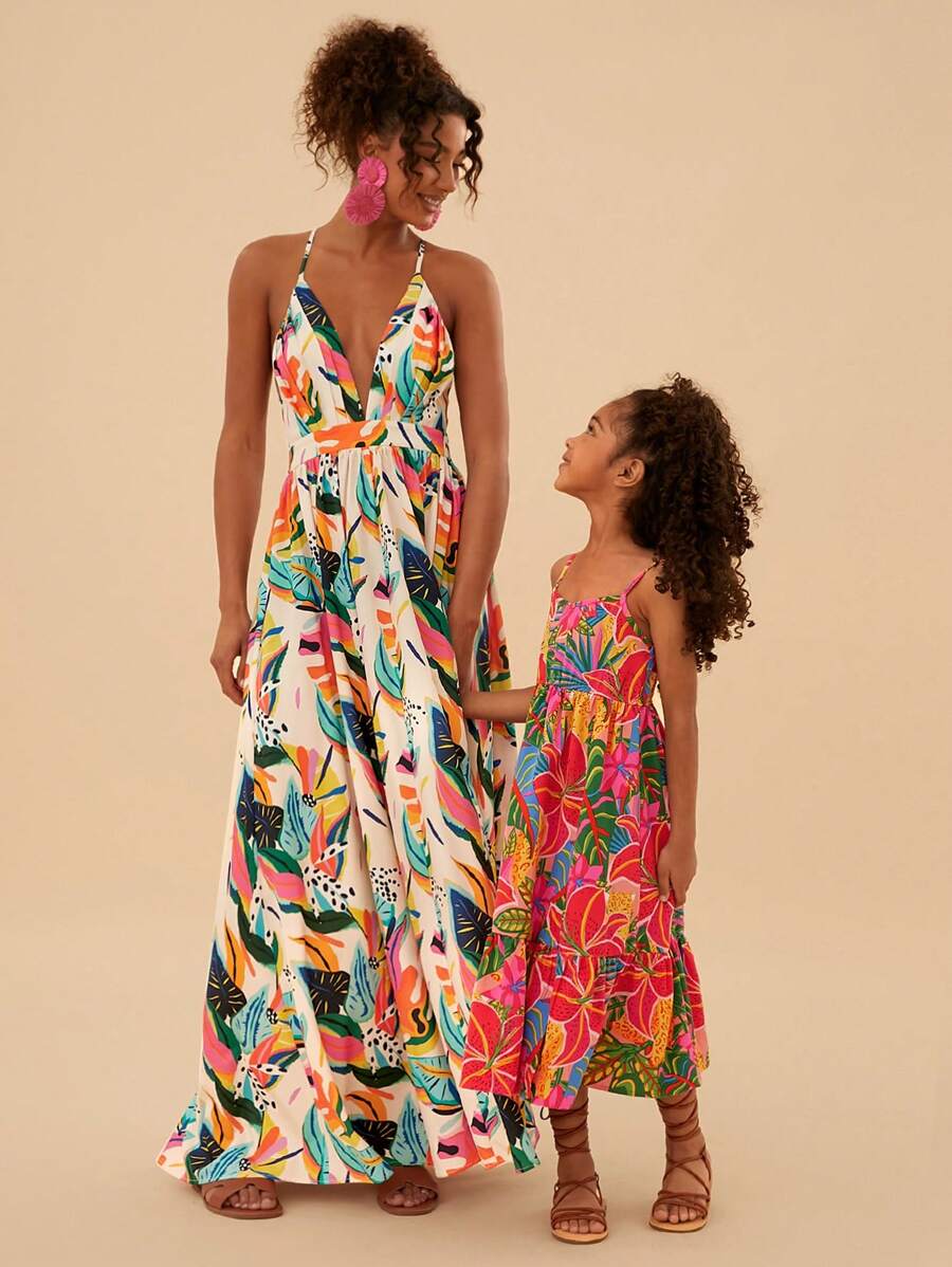 SHEIN Young Girl Ditsy Floral Sleeveless Casual Dress - Red - View 1