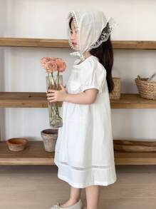 DAZY Young Girls Woven Round Neck Bubble Short Sleeve Casual Dress,Girls Summer Outfits - White - View 5