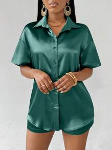 Breezaya Ladies' Solid Color Front Button Short Sleeve Top And Pocketed Shorts Set, Perfect For Festivals, Beach Vacations, Summer