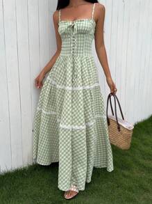 SHEIN EZwear Women's Countryside Style Lace-Up Front Strap Super Long Dress, Summer - Green - View 6