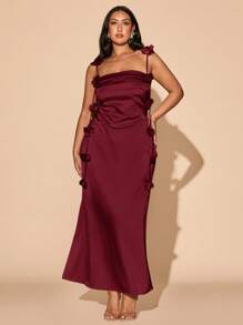 SHEIN BAE 加大码女式杏色/香槟色垂坠领缎面 3D 花卉优雅性感露背长裙，适合音乐会、夏季、度假、休闲、商务休闲、西装、办公室、婚礼、俱乐部、毕业典礼、早午餐、春季、复活节、生日女士礼服 - 酒紅色 - 查看 5