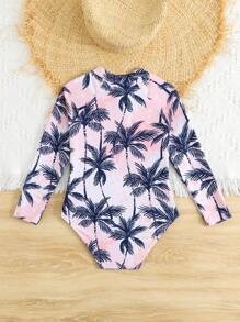 SHEIN Young Girls' Palm Tree Print One-Piece Swimsuit With Raglan Sleeves Kids Swimsuit Long Sleeve Swim Suit For Girls Long Sleeve Long Sleeve Girls Swimsuit Long Sleeve Bathing Suit Kids Girls Swimwear Long Sleeve Summer Holiday