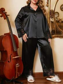 Côtesoire 大码女士优雅性感蕾丝拼接缎面睡衣套装，包括上衣和裤子，适合假日、秋冬季节穿着。 - 黑色 - 查看 3