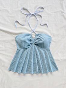 Soleia New Textured Knit Yellow Spaghetti Strap Wrap Front Cami Top For Vacation - Baby Blue - View 3