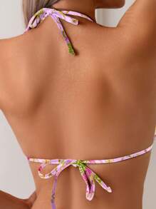 Women's 2pcs Set Tropical Plant Print Halter Sexy Bikini Swimsuit - Multicolor - View 4