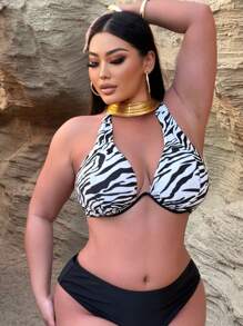 Swim SXY Plus Size Women's Sexy Halter Zebra Print Beach Bikini Top For Summer Beach Vacation