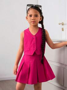 SHEIN 2pcs Woven Solid Top & Skirt Set For Young Girls - Hot Pink - View 5
