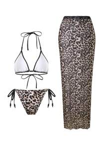 Swim SXY Sexy Leopard Print Lace Trim Bikini Set For Women, 3-Piece Swimsuit For Summer Beach Vacation