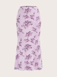 Firerie Women's Romantic Floral Print Mermaid Ruffle Elastic Mesh Skirt,Bohemian Clothes - Lilac Purple - View 6