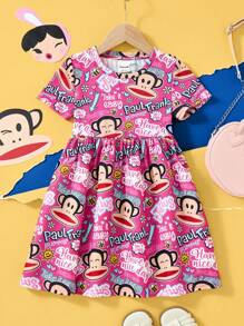 Paul Frank X SHEIN Vestito estivo rosa A-line con stampa di scimmie per ragazza
