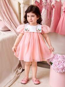 Vestido corto de manga corta para niña bebé, de estilo elegante y lindo, con estampado floral de organza y patchwork, para verano - Rosa - Ver 4