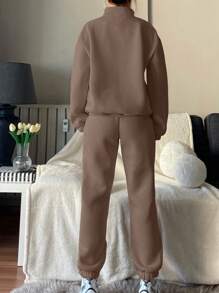 RueChic Half Zip Drop Shoulder Sweatshirt & Sweatpants - Camel - View 2