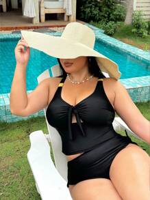 SHEIN Swim Curve Ensemble de maillot de bain tankini à nœud devant de couleur unie pour femme grande taille