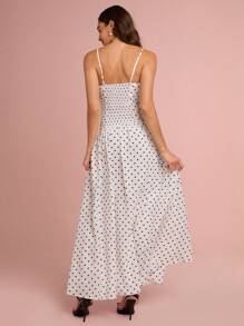 Enchnt Women's White With Black Polka Dots Summer Elegant Party Dress,Retro Lace Patchwork Hollow Spaghetti Straps Maxi Sun Dresses For Vacation&Wedding - White - View 7
