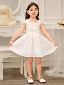 SHEIN Glamorique Kids Young Girls Lace Trim Decor Spaghetti Strap High Waist Formal Dress, Spring/Summer - White - View 4