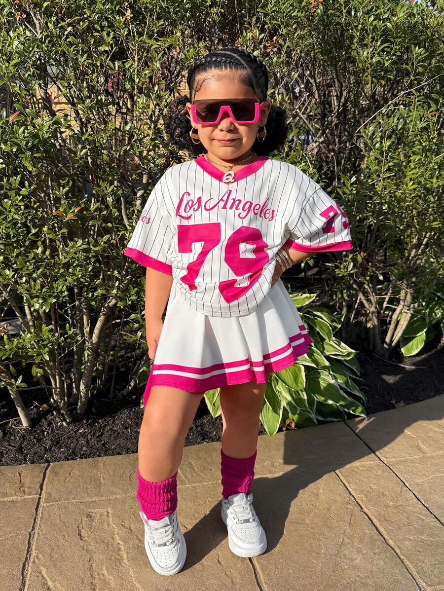 2pcs Young Girls Basketball Jersey Outfit, Numeric Print T-Shirt And Skirt Set, Casual Daily Fashion Versatile Streetwear