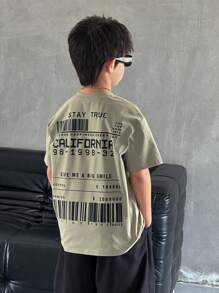 SHEIN 1 件青少年男孩圆领短袖 T 恤，带标语图案；春季服装；青少年男孩服装；儿童夹克，春季开学 - 綠色 - 查看 3