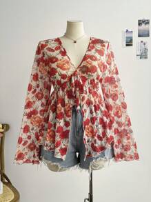 Soleia 大码女式复古花卉图案 V 领长袖喇叭袖前系带上衣，秋冬休闲套头衫 - 彩色 - 查看 4