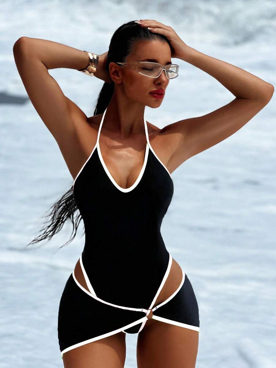 Swim Vcay 女士优雅纯色细肩带彩色饰边半身裙两件套，春夏 - 黑色 - 查看 1