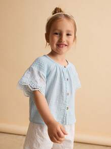 Ontre Young Girl Loose Casual Ruffle Sleeve Blouse - Blue - View 4