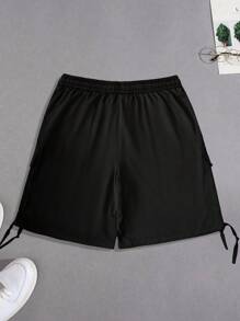 Manfinity LEGND Men's Mature Streetwear Drawstring Waist Cargo Shorts,Mature Men's Street Shorts. These Men's Shorts Choose A Classic Black Tone To Be Low-Key And Versatile. Custom Black Leather Labeling Is Adorned On The Packing Pockets, Adding Recognition To The Overall Design, And A Low-Key Attitude Is Displayed In The Details. It Is Suitable For Easy Social Activities Such As Daily Leisure, Weekend Trips, Friends' Gatherings, Travel And So On. These Trousers Are An Indispensable Item In A Man's Wardrobe And A Great Gift For A Boyfriend Or Husband. - Black - View 2