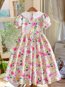 SHEIN Vestido casual con estampado floral y mangas abullonadas para niña preadolescente, ideal para días festivos