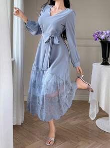 DAZY Elegant V-Neck Lace Patchwork Waist Belt Midi Dress For Wedding Guest, Spring,Fall Clothes Long Sleeve Dress - Blue - View 6