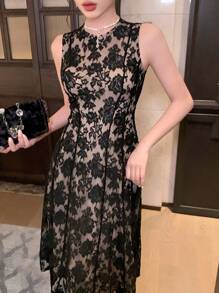 DAZY Lace Round Neck Sleeveless A-Line Pleated Mid-Calf Dress For Women