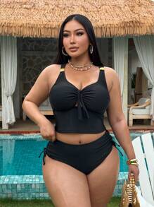 SHEIN Swim Curve Ensemble de maillot de bain tankini à nœud devant de couleur unie pour femme grande taille