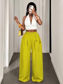 BamGleam Women's Solid Color Side Waist Tie-Up Pleated Wide Leg Loose Pants - Green - View 6