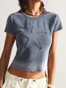 Bohemela Casual Solid Color Knitted Round Neck Short Sleeve Loose Washed Cotton Women T-Shirt