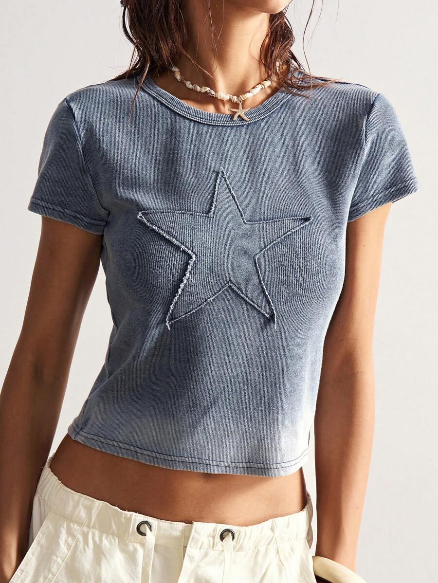 Bohemela Casual Solid Color Knitted Round Neck Short Sleeve Loose Washed Cotton Women T-Shirt