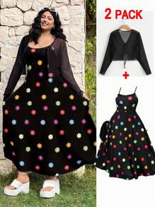 SHEIN EZwear Mesh Cardigan And Floral Print Camisole Maxi Dress 2-Piece Set - Multicolor - View 3