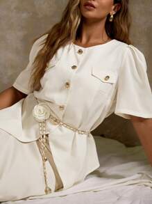 Flirla Elegant Plus Size French Style 3D Flower Cinched Waist Chain Decor Short Sleeve Blouse - Apricot - View 2