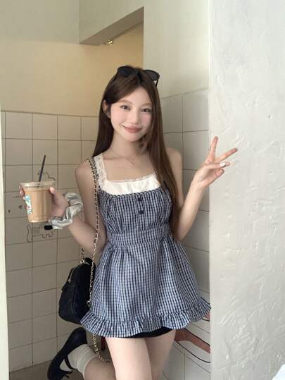 DAZY Women's Plaid Contrast Color Lace Trim Tank Top Sleeveless Top, Casual Summer