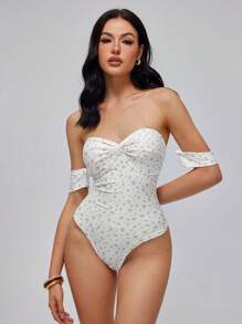 Roylia Short Sleeve Open Shoulder Ditsy Floral Twist Front Bodysuit