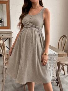 SHEIN Vestido de maternidad de unicolor con diseño de cuello redondo, botones y cruce de cintura, sin mangas